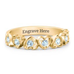 Multi-Heart Ring with Birthstones in 9K Solid Yellow Gold with Blue Topaz