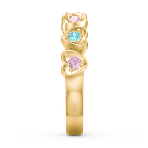 Multi-Heart Ring with Birthstones – 9kt Yellow Gold with Pink Tourmaline and Mint Premium Zirconia