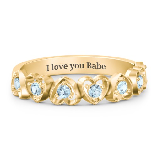 Multi-Heart Ring with Birthstones – 9kt Yellow Gold with Blue Topaz