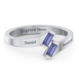 Engravable Slanted Baguette Ring in 925 Sterling Silver with Blue Sapphire