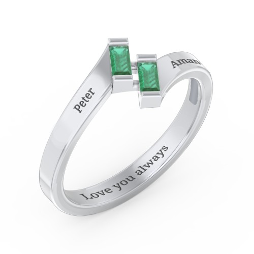 Engravable Slanted Baguette Ring – Sterling Silver with Emerald