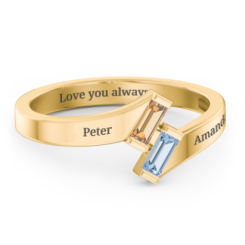 Engravable Slanted Baguette Ring – 9kt Yellow Gold with Citrine and Blue Topaz