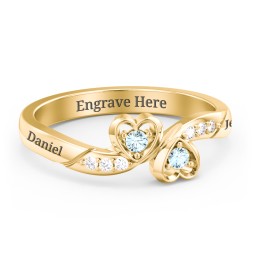 Duo of Hearts Ring in 18K Gold Plated Silver with Blue Topaz and White Premium Zirconia
