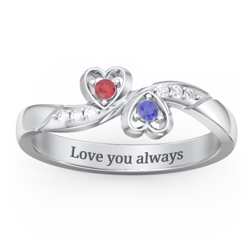 Duo of Hearts Ring – Sterling Silver with Garnet, Blue Sapphire, and White Premium Zirconia