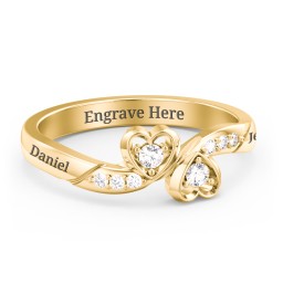 Duo of Hearts Ring in 9K Solid Yellow Gold with Cubic Zirconia and White Premium Zirconia