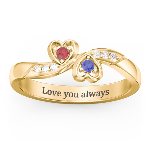 Duo of Hearts Ring – 9kt Yellow Gold with Garnet, Blue Sapphire, and White Premium Zirconia