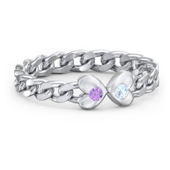 Curb Link Chain Heart Ring – 9kt Yellow Gold with Amethyst and Blue Topaz