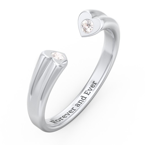 Engravable Open Cuff Heart Ring with Gemstones – Sterling Silver with Cubic Zirconia