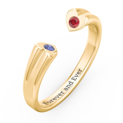 Engravable Open Cuff Heart Ring with Gemstones – 18K Gold Plated Silver with Blue Sapphire and Garnet