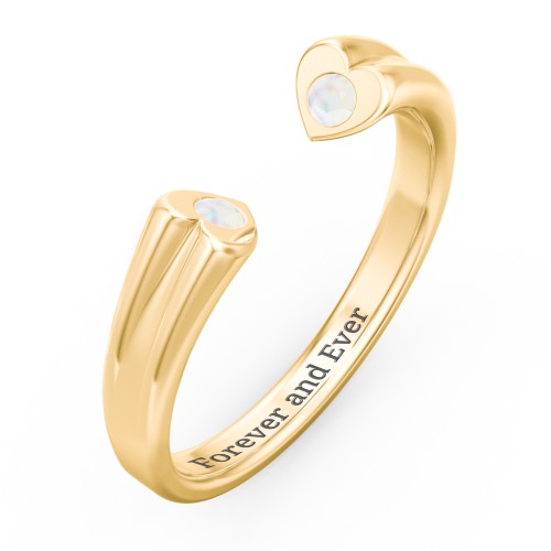 Engravable Open Cuff Heart Ring with Gemstones – 18K Gold Plated Silver with Opal