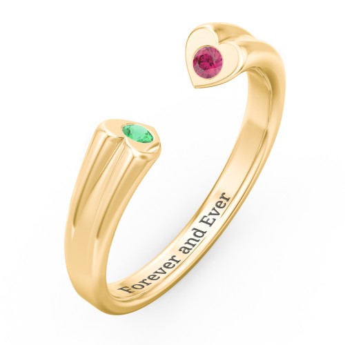Engravable Open Cuff Heart Ring with Gemstones – 18K Gold Plated Silver with Emerald and Ruby