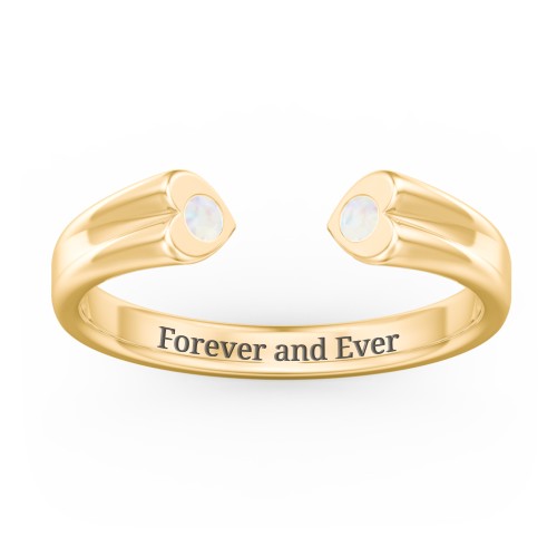 Engravable Open Cuff Heart Ring with Gemstones – 18K Gold Plated Silver with Opal