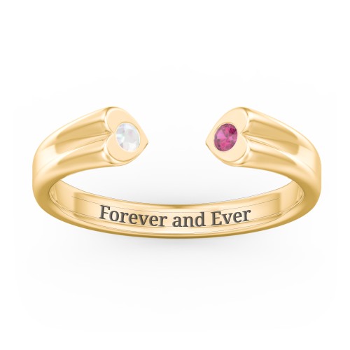 Engravable Open Cuff Heart Ring with Gemstones – 18K Gold Plated Silver with Opal and Ruby