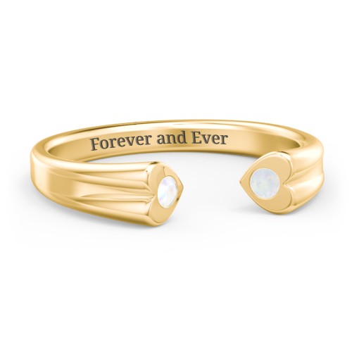 Engravable Open Cuff Heart Ring with Gemstones – 18K Gold Plated Silver with Opal