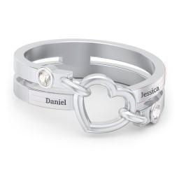 Engravable Diagonal Open Heart Ring in 925 Sterling Silver with Cubic Zirconia