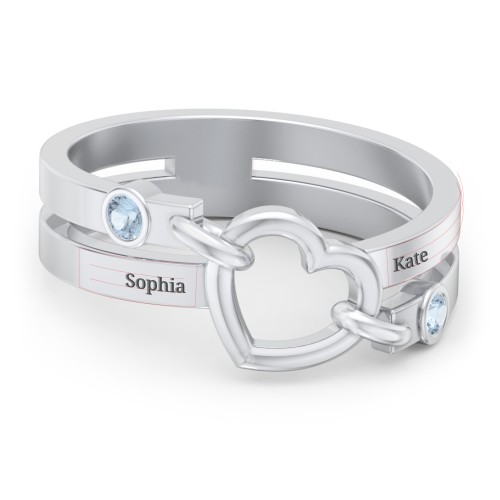 Engravable Diagonal Open Heart Ring – Sterling Silver with Blue Topaz
