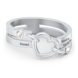 Engravable Diagonal Open Heart Ring in 925 Sterling Silver with Cubic Zirconia