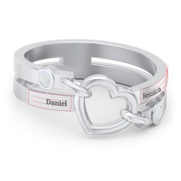 Engravable Diagonal Open Heart Ring in 925 Sterling Silver with Opal