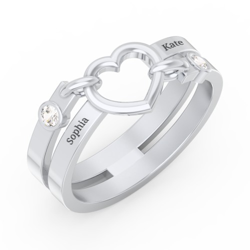 Engravable Diagonal Open Heart Ring – Sterling Silver with Cubic Zirconia