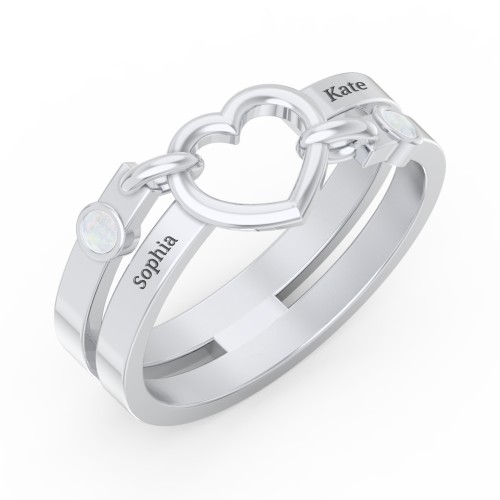 Engravable Diagonal Open Heart Ring – Sterling Silver with Opal
