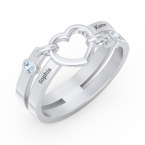 Engravable Diagonal Open Heart Ring – Sterling Silver with Blue Topaz