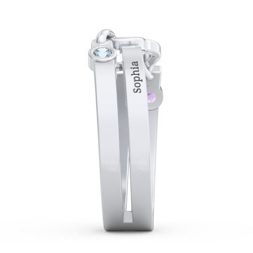 Engravable Diagonal Open Heart Ring – Sterling Silver with Amethyst and Blue Topaz