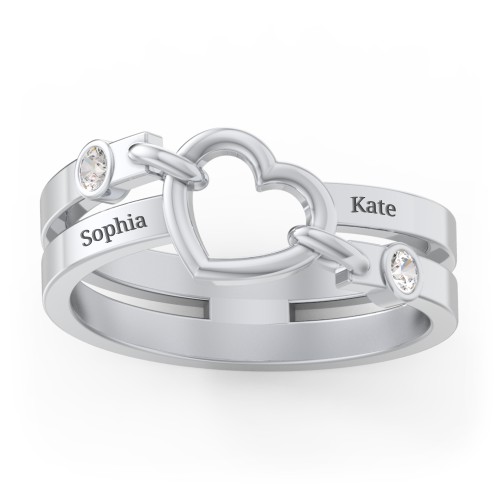 Engravable Diagonal Open Heart Ring – Sterling Silver with Cubic Zirconia