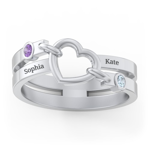 Engravable Diagonal Open Heart Ring – Sterling Silver with Amethyst and Blue Topaz