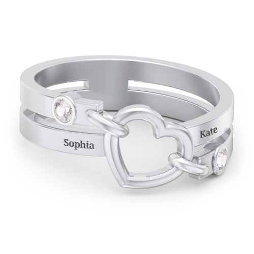 Engravable Diagonal Open Heart Ring – Sterling Silver with Cubic Zirconia