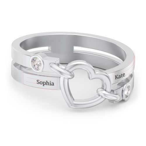Engravable Diagonal Open Heart Ring – Sterling Silver with Diamond