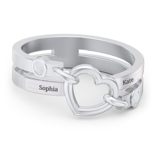 Engravable Diagonal Open Heart Ring – Sterling Silver with Opal