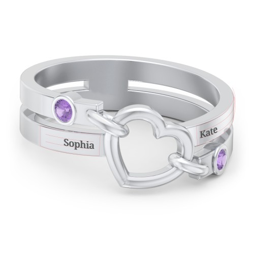 Engravable Diagonal Open Heart Ring – Sterling Silver with Amethyst