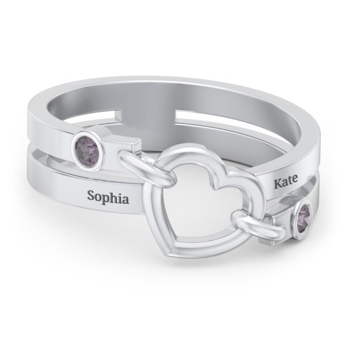 Engravable Diagonal Open Heart Ring – Sterling Silver with Alexandrite