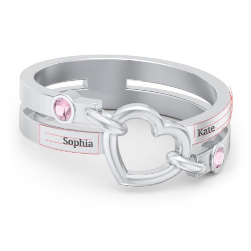 Engravable Diagonal Open Heart Ring – Sterling Silver with Pink Tourmaline