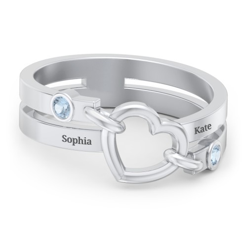 Engravable Diagonal Open Heart Ring – Sterling Silver with Blue Topaz