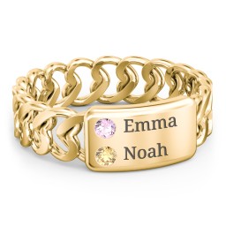 Heart Chain Link Ring with Nameplate in 18K Gold Plated Silver with Pink Tourmaline and Citrine