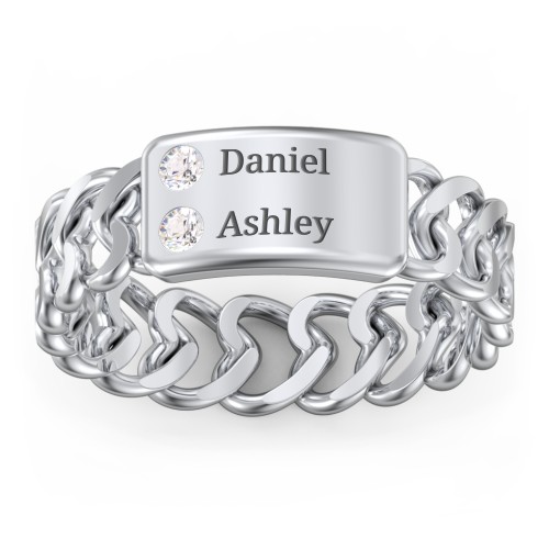 Heart Chain Link Ring with Nameplate – Sterling Silver with Cubic Zirconia