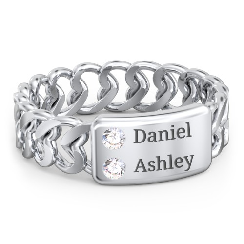 Heart Chain Link Ring with Nameplate – Sterling Silver with Cubic Zirconia