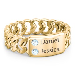 Heart Chain Link Ring with Nameplate in 18K Gold Plated Silver with Blue Topaz