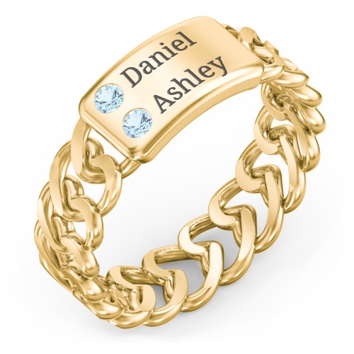 Heart Chain Link Ring with Nameplate – 18K Gold Plated Silver with Blue Topaz