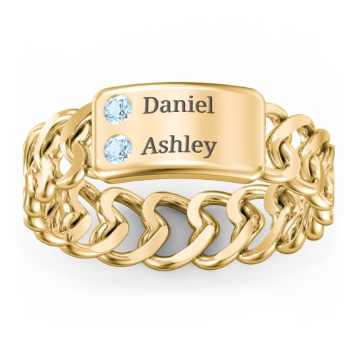 Heart Chain Link Ring with Nameplate – 18K Gold Plated Silver with Blue Topaz
