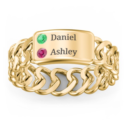 Heart Chain Link Ring with Nameplate – 18K Gold Plated Silver with Emerald and Ruby