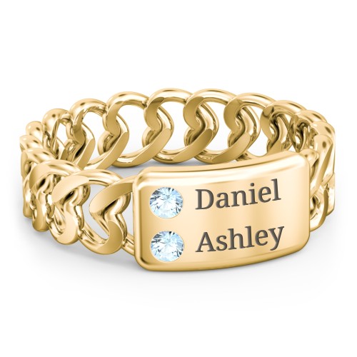Heart Chain Link Ring with Nameplate – 18K Gold Plated Silver with Blue Topaz