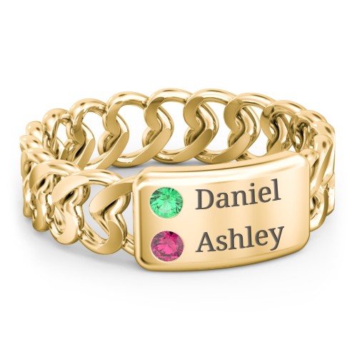 Heart Chain Link Ring with Nameplate – 18K Gold Plated Silver with Emerald and Ruby