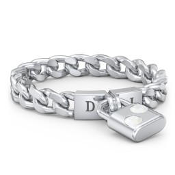 Engravable Padlock Chain Ring with Gemstones