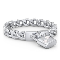 Engravable Padlock Chain Ring with Gemstones in 925 Sterling Silver with Cubic Zirconia