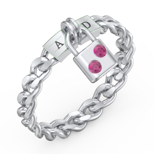 Engravable Padlock Chain Ring with Gemstones