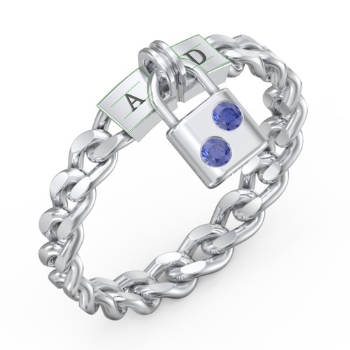 Engravable Padlock Chain Ring with Gemstones