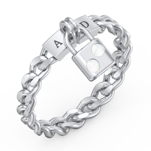 Engravable Padlock Chain Ring with Gemstones