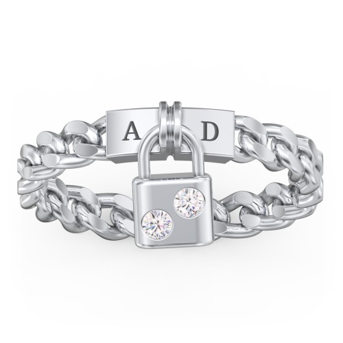 Engravable Padlock Chain Ring with Gemstones – Sterling Silver with Cubic Zirconia